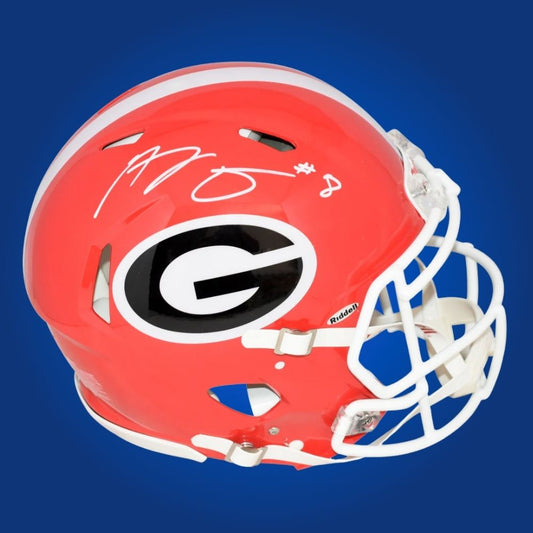 Autographed Georgia Bulldogs full size Authentic Helmet signed by AJ Green, displayed on a white background for product clarity. SportsMarkets collectible image.
