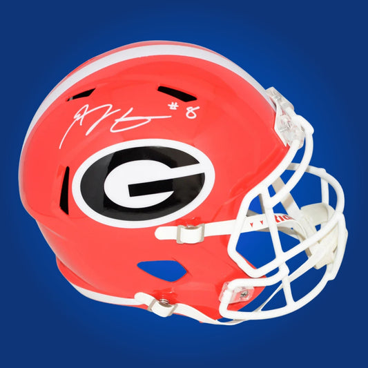 Autographed Georgia Bulldogs full size replica helmet signed by AJ Green, displayed on a white background for product clarity. SportsMarkets collectible image.