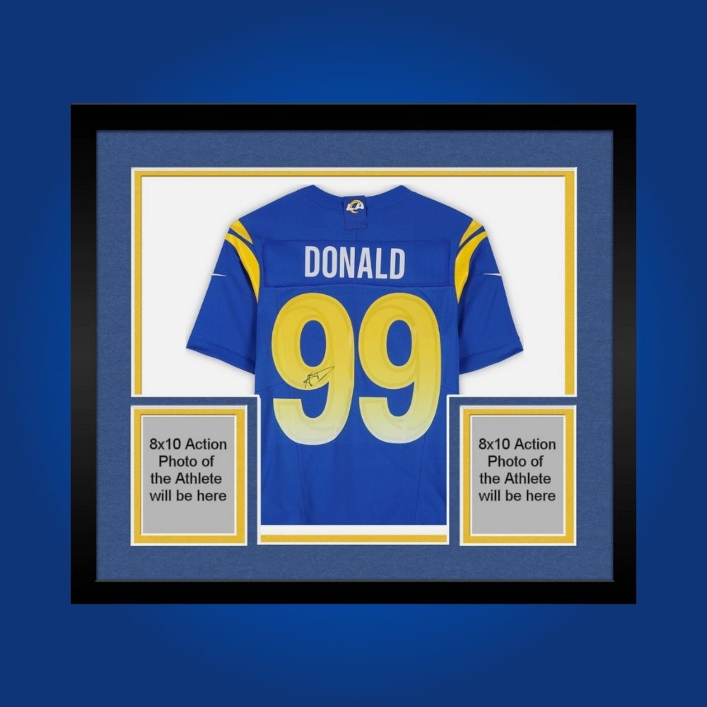Framed Los Angeles Rams jersey signed by Aaron Donald with action photos and Certificate of Authenticity