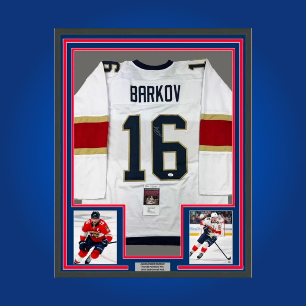 Aleksander Barkov’s full framed Florida Panthers white jersey, hand-signed by the star center, is a premier collectible for fans celebrating the leadership and skill of a Panthers captain.
