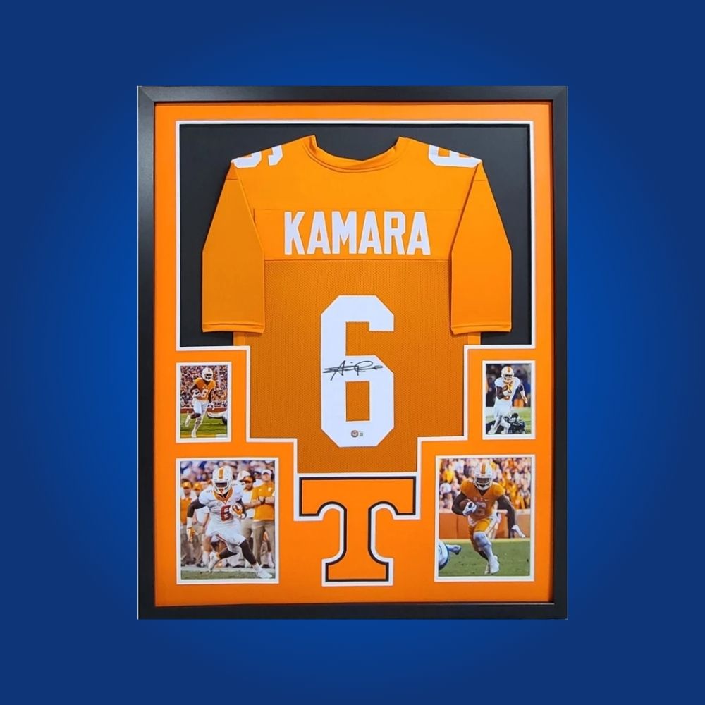 Alvin Kamara Signed Full Framed Custom Tennessee Volunteers Jersey – autographed memorabilia, dynamic running back collectible, must-have for Tennessee fans.
