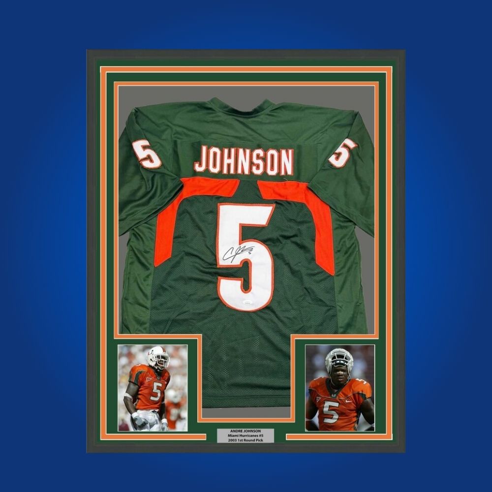 Andre Johnson Signed Full Framed Custom Miami Hurricanes Jersey – autographed memorabilia, Pro Bowl wide receiver collectible, centerpiece for Hurricanes collectors.