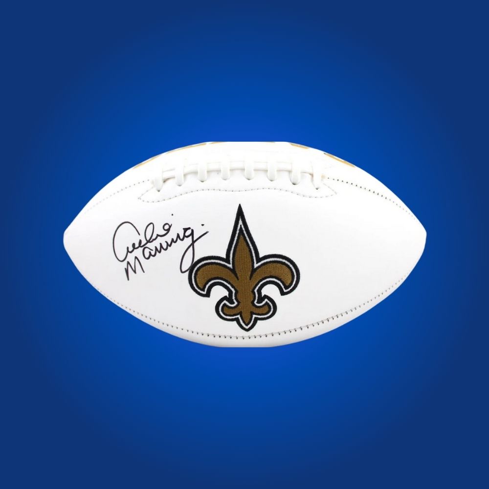 Classic Saints logo football signed by Archie Manning, with crisp autograph on display panel.