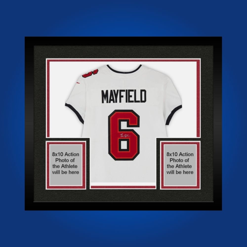Signed full framed Tampa Bay Buccaneers jersey with Baker Mayfield's signature, displayed in a decorative frame.