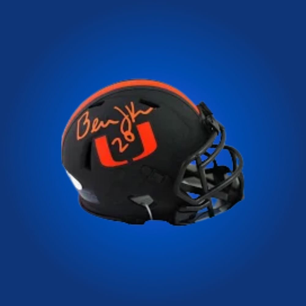 Bernie Kosar signed Miami Hurricanes mini helmet—collectible for Hurricanes fans and Kosar memorabilia seekers.
