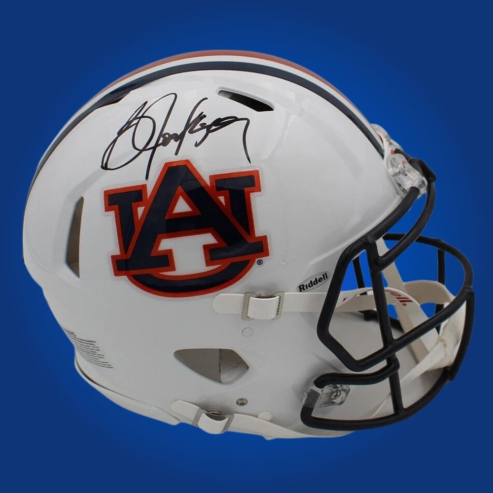 Autographed Auburn Tigers full size Authentic Helmet signed by Bo Jackson, displayed on a white background. SportsMarkets official product photo.