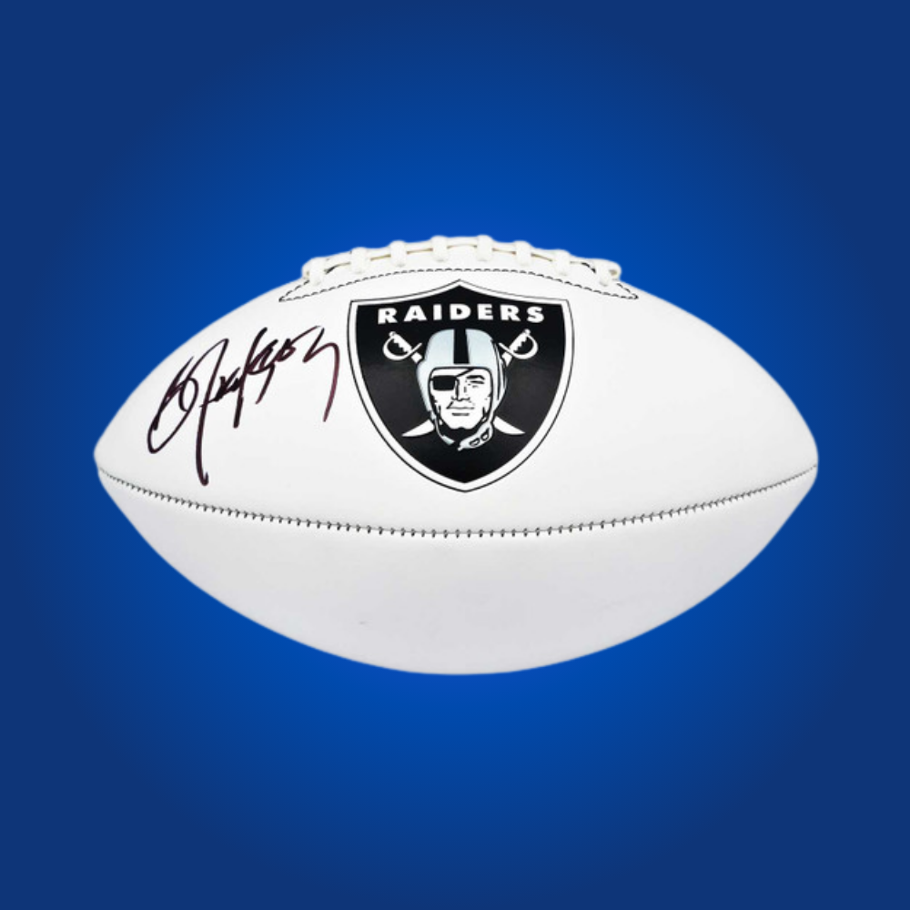 Bo Jackson signed Las Vegas Raiders logo football, a classic collectible item for Raiders fans.