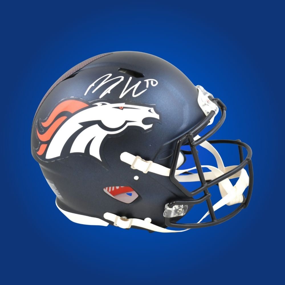 Bo Nix hand-signed authentic blue Denver Broncos helmet, showcasing signature and official team graphics. A unique collectible for Broncos fans and Nix memorabilia collectors. Includes Certificate of Authenticity. Images may differ for catalog uniformity.