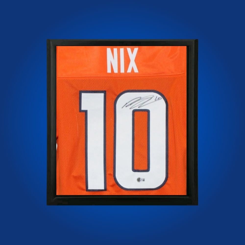 Bo Nix hand-signed orange framed Denver Broncos jersey, showcasing signature and official team graphics. A unique collectible for Broncos fans and Nix memorabilia collectors. Includes Certificate of Authenticity. Images may differ for catalog uniformity.