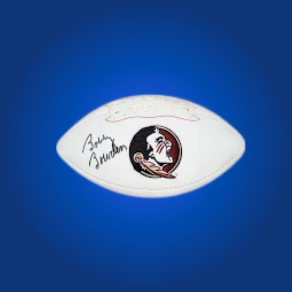 Bobby Bowden autographed Florida St Seminoles white logo football, must-have memorabilia for Seminoles collectors and fans.