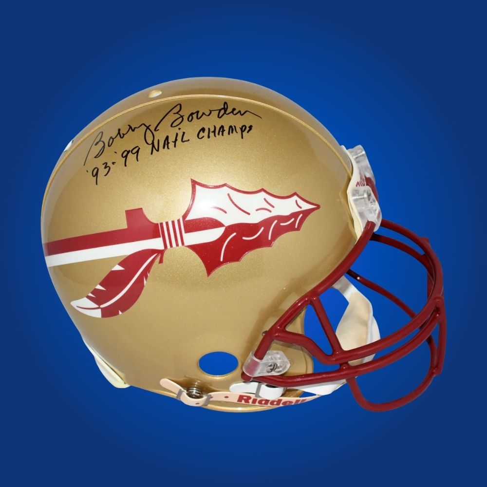 Autographed Florida State Seminoles full size Authentic Helmet signed by Bobby Bowden, shown on a white background. SportsMarkets product image.
