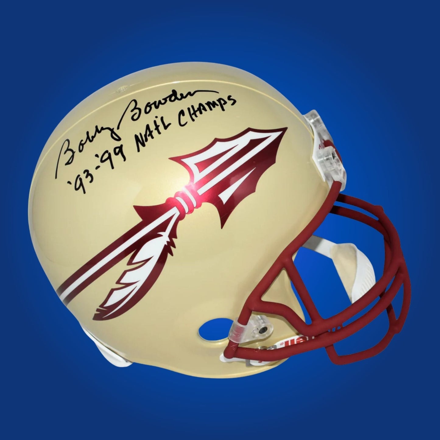 Autographed Florida State Seminoles full size replica helmet signed by Bobby Bowden, shown on a white background. SportsMarkets product image.
