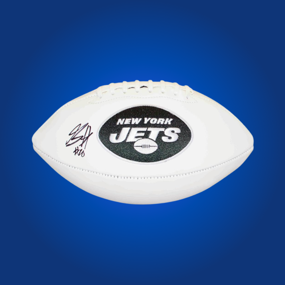 Breece Hall signed New York Jets logo football, with an authentic signature, ideal for Jets supporters and football memorabilia.
