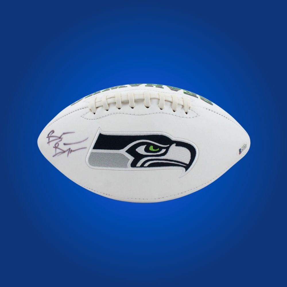 Brian Bosworth autographed Seahawks logo football, showing linebacker’s signature and Seahawks branding.