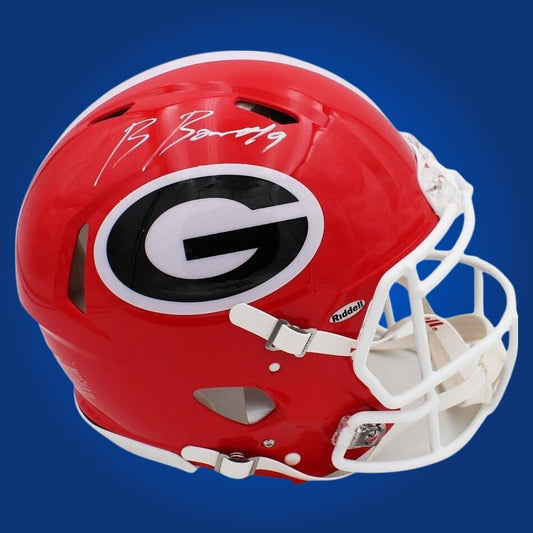 Autographed Georgia Bulldogs full size Authentic Helmet signed by Brock Bowers, displayed on a clean white background. SportsMarkets exclusive photo.