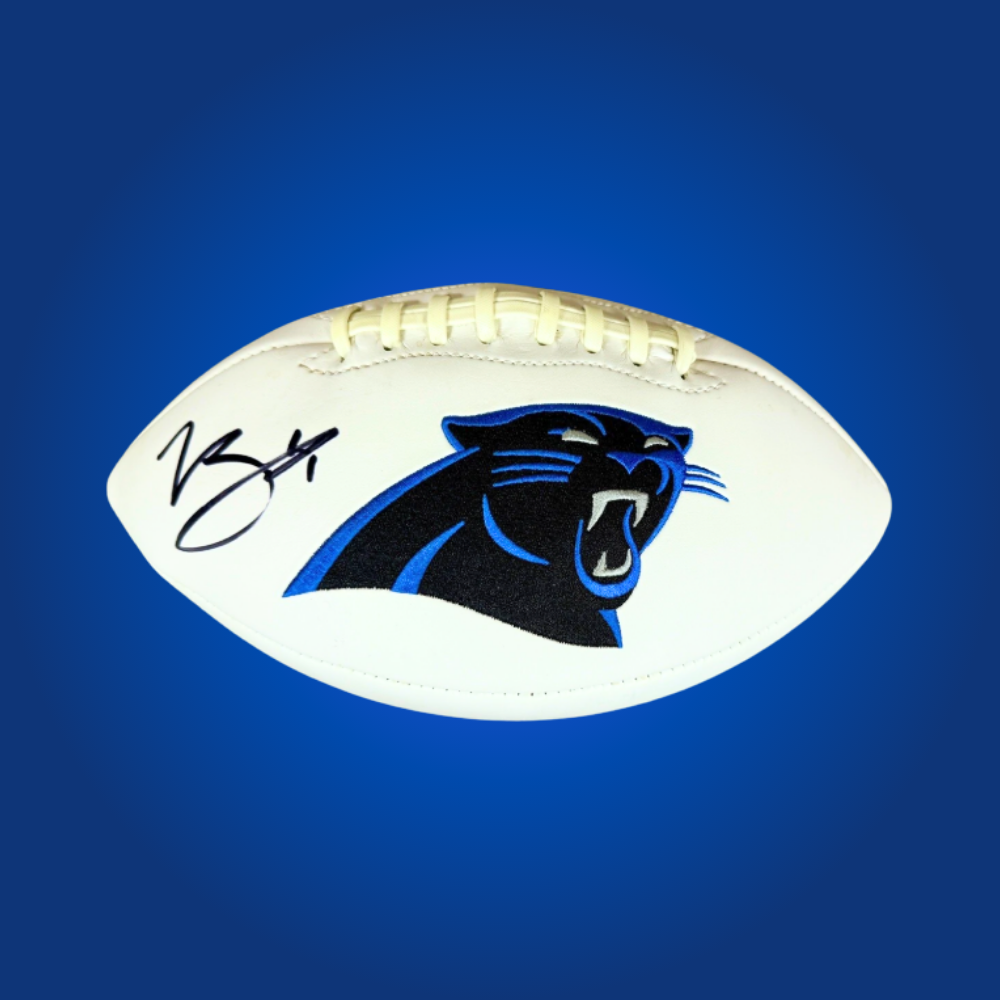 Bryce Young signed Carolina Panthers logo football, featuring his authentic signature, ideal for Panthers fans and NFL memorabilia.