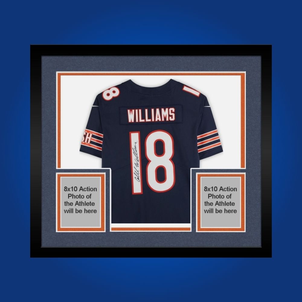 Framed Chicago Bears jersey signed by Caleb Williams with action photos and Certificate of Authenticity