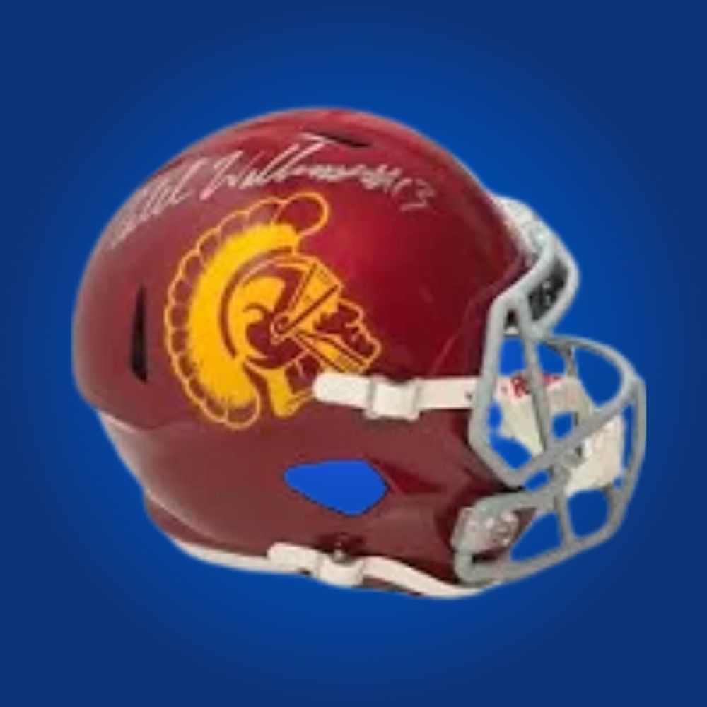 Autographed full size replica helmet by Caleb Williams, 2022 Heisman Trophy winner and USC Trojans standout quarterback, displayed against a clean white background. Ideal for memorabilia collectors and Trojans fans. SportsMarkets product photo.