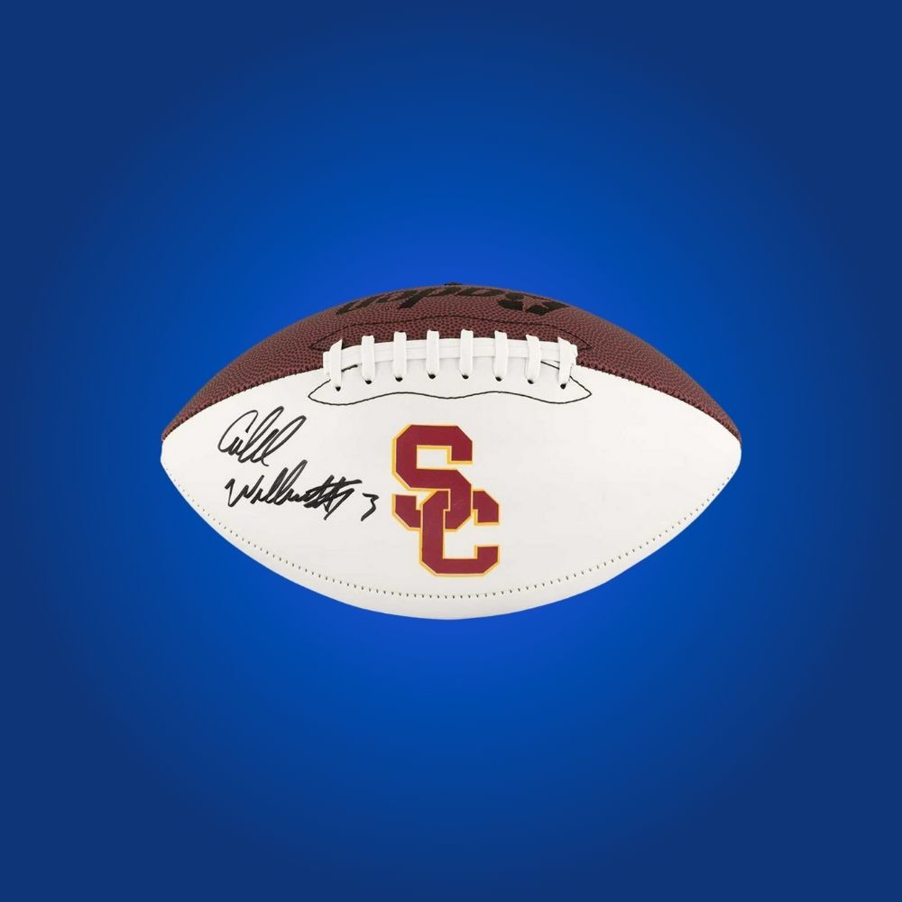 Autographed full size replica football by Caleb Williams, featuring USC Trojans white logo. Certified authentic, an exclusive collectible for USC enthusiasts and sports memorabilia collectors. Certificate of Authenticity included. Ball details may differ for catalog consistency.
