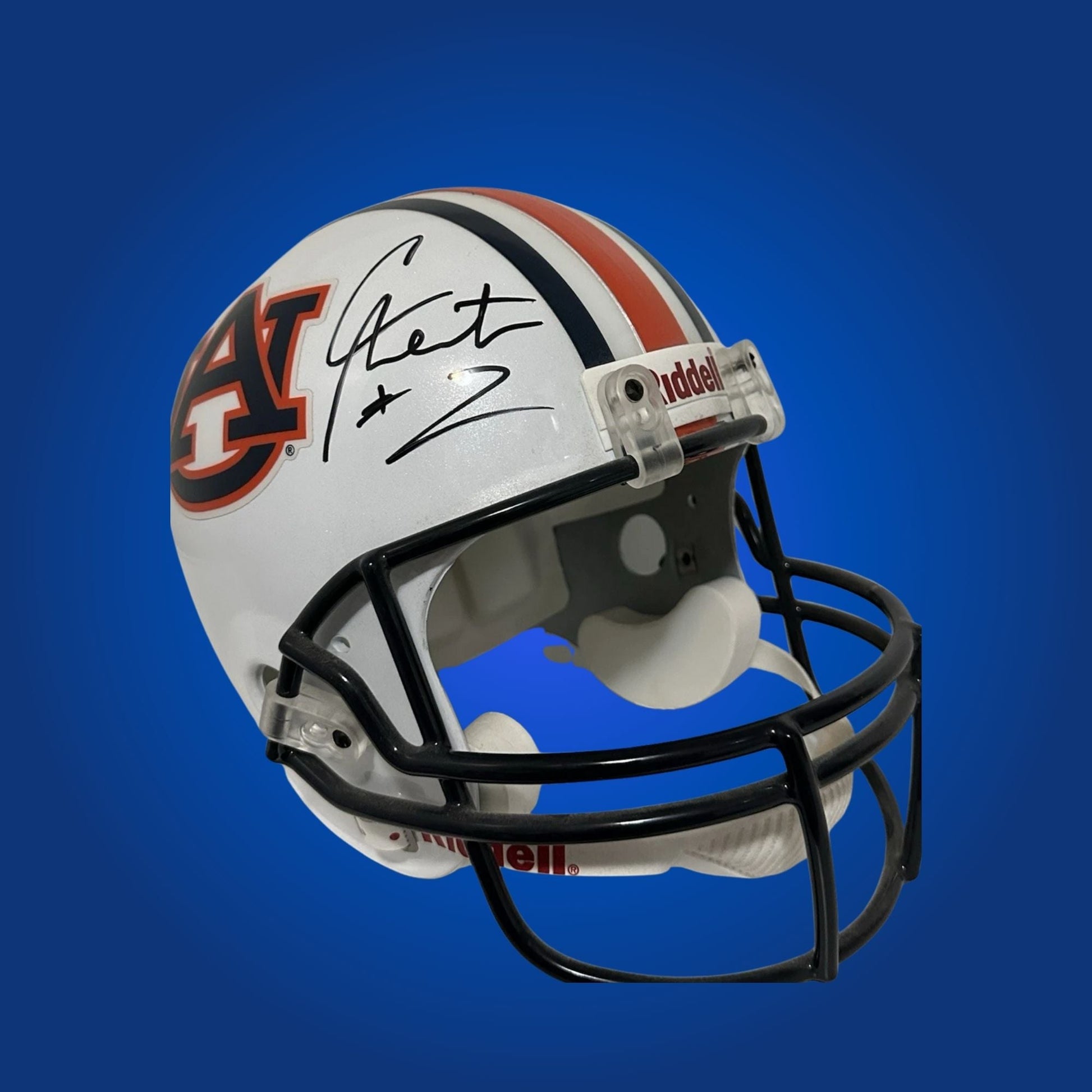 Autographed Auburn Tigers full size replica helmet signed by Cam Newton, showcased on a clean white background. SportsMarkets product image.