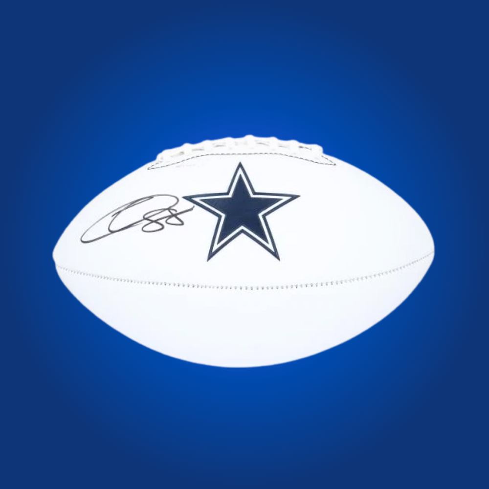 CeeDee Lamb signed Dallas Cowboys logo football, showcasing his autograph, great for Cowboys supporters.