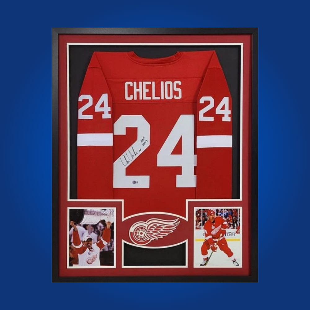 Chris Chelios’ autographed full framed Detroit Red Wings jersey highlights the Hall of Fame defenseman’s excellence and tenacity, making it a prized collectible for Red Wings fans.
