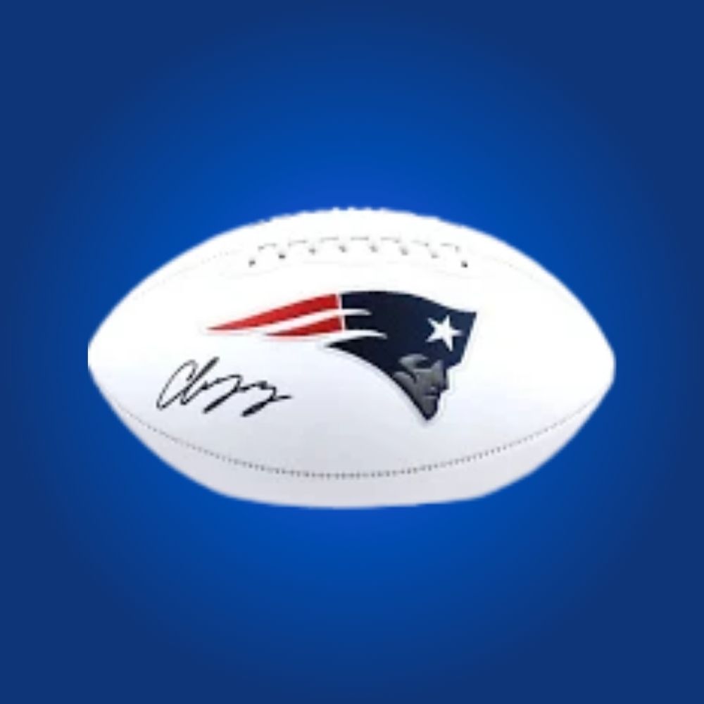 Football signed by Christian Gonzalez, displaying the Patriots logo and clear signature.