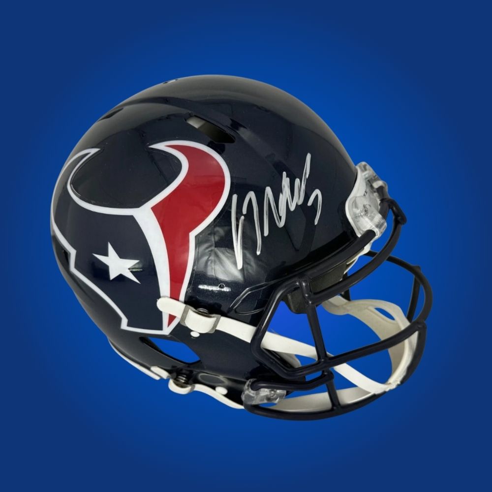 CJ Stroud hand-signed Houston Texans authentic helmet, showcasing signature and official team graphics. A unique collectible for Texans fans and Stroud memorabilia collectors. Includes Certificate of Authenticity. Images may differ for catalog uniformity.