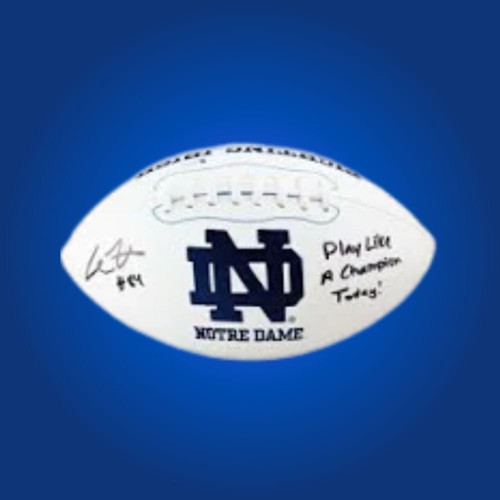Cole Kmet autographed Notre Dame Fighting Irish white logo football, excellent collectible for Fighting Irish supporters and memorabilia enthusiasts.