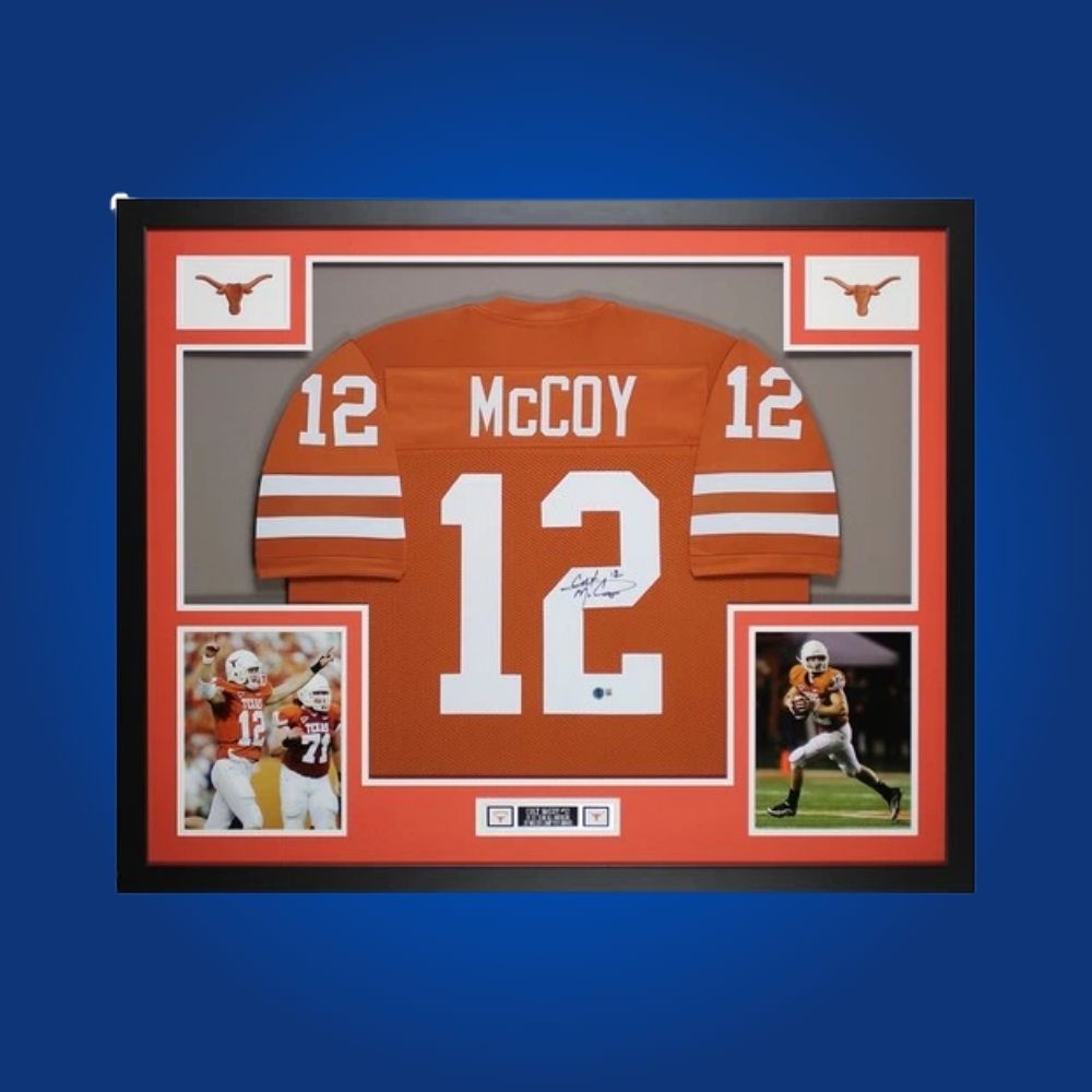 Colt McCoy Signed Full Framed Custom Texas Longhorns Jersey – autographed memorabilia, record-setting quarterback collectible, a must-have for Longhorns enthusiasts.