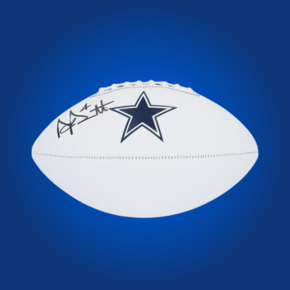 Dak Prescott signed Dallas Cowboys logo football, with an authentic signature, ideal for Cowboys memorabilia.