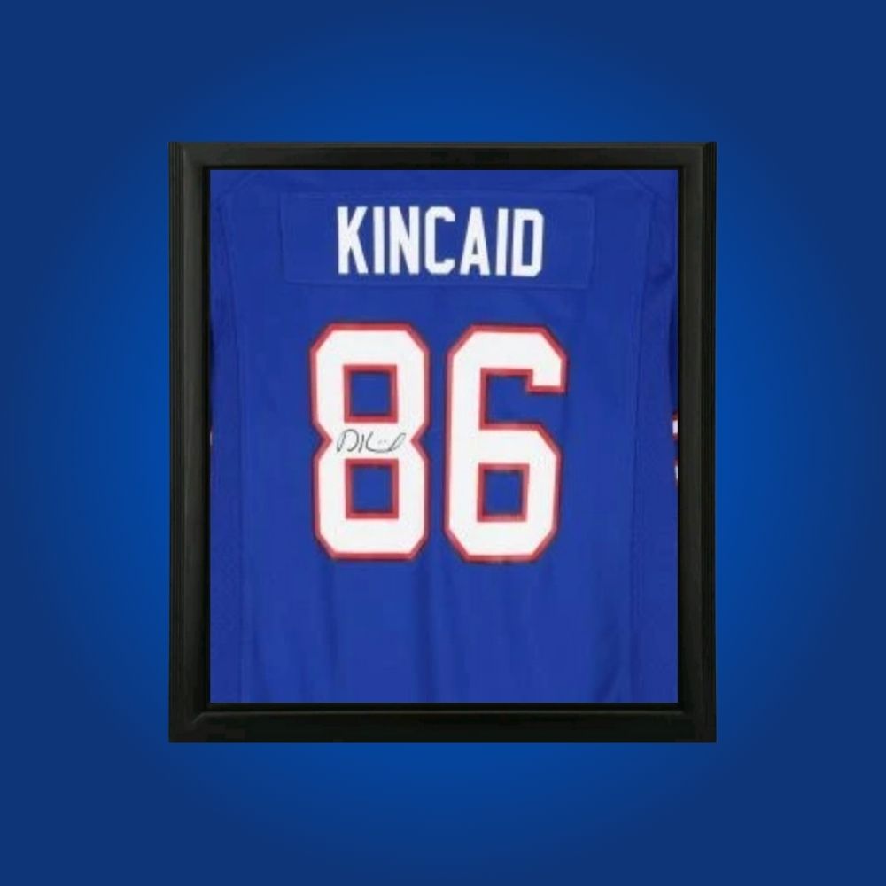 Dalton Kincaid hand-signed blue framed Buffalo Bills jersey, showcasing signature and official team graphics. A unique collectible for Bills fans and Kincaid memorabilia collectors. Includes Certificate of Authenticity. Images may differ for catalog uniformity.