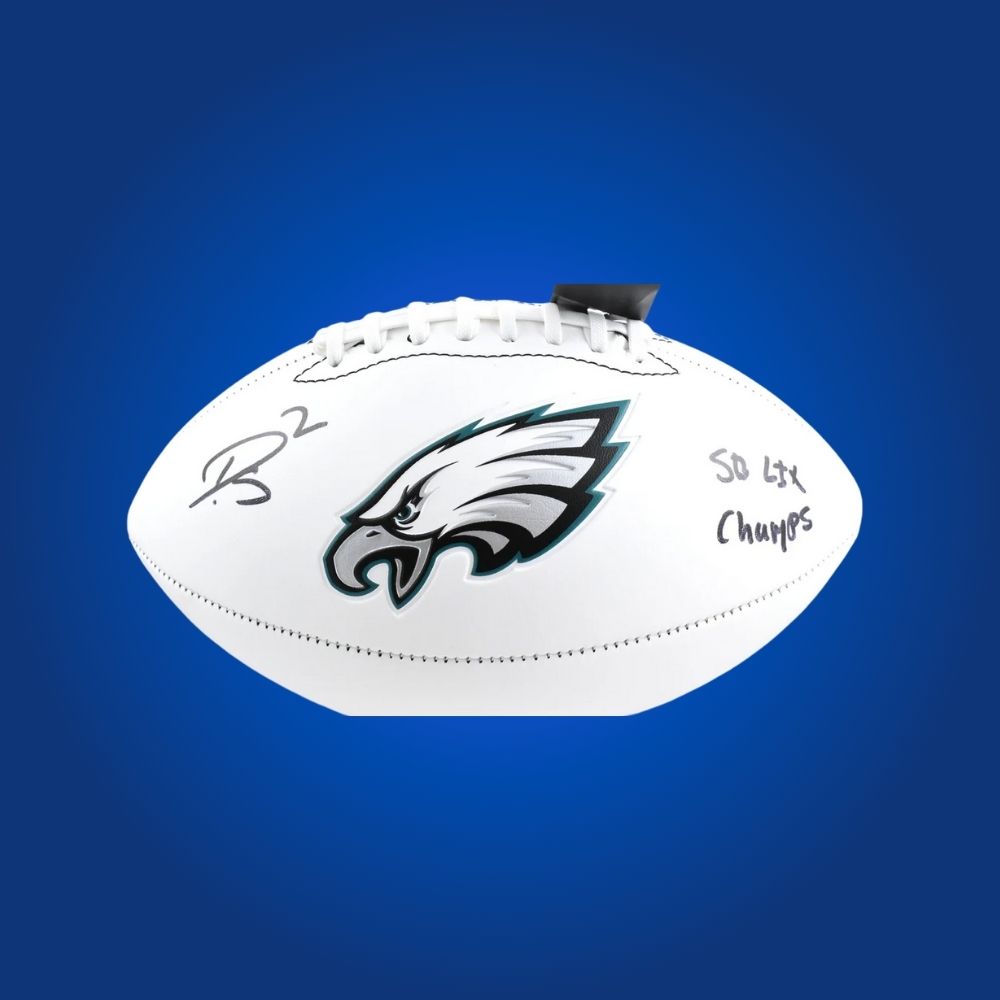 Darius Slay signed Eagles logo football, signature and team branding displayed on panel.
