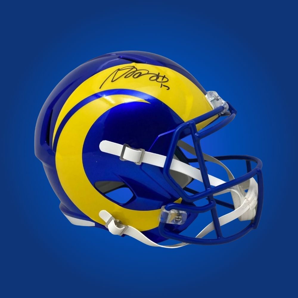 Davante Adams hand-signed Los Angeles Rams replica helmet, showcasing signature and official team graphics. A unique collectible for Rams fans and Adams memorabilia collectors. Includes Certificate of Authenticity. Images may differ for catalog uniformity.