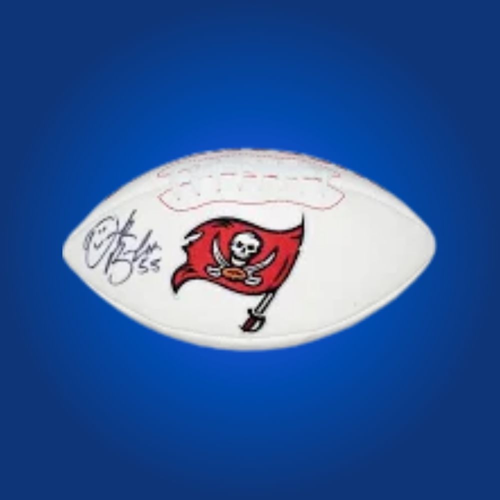 Derrick Brooks autographed Buccaneers logo football, displaying linebacker’s signature and Tampa Bay logo.
