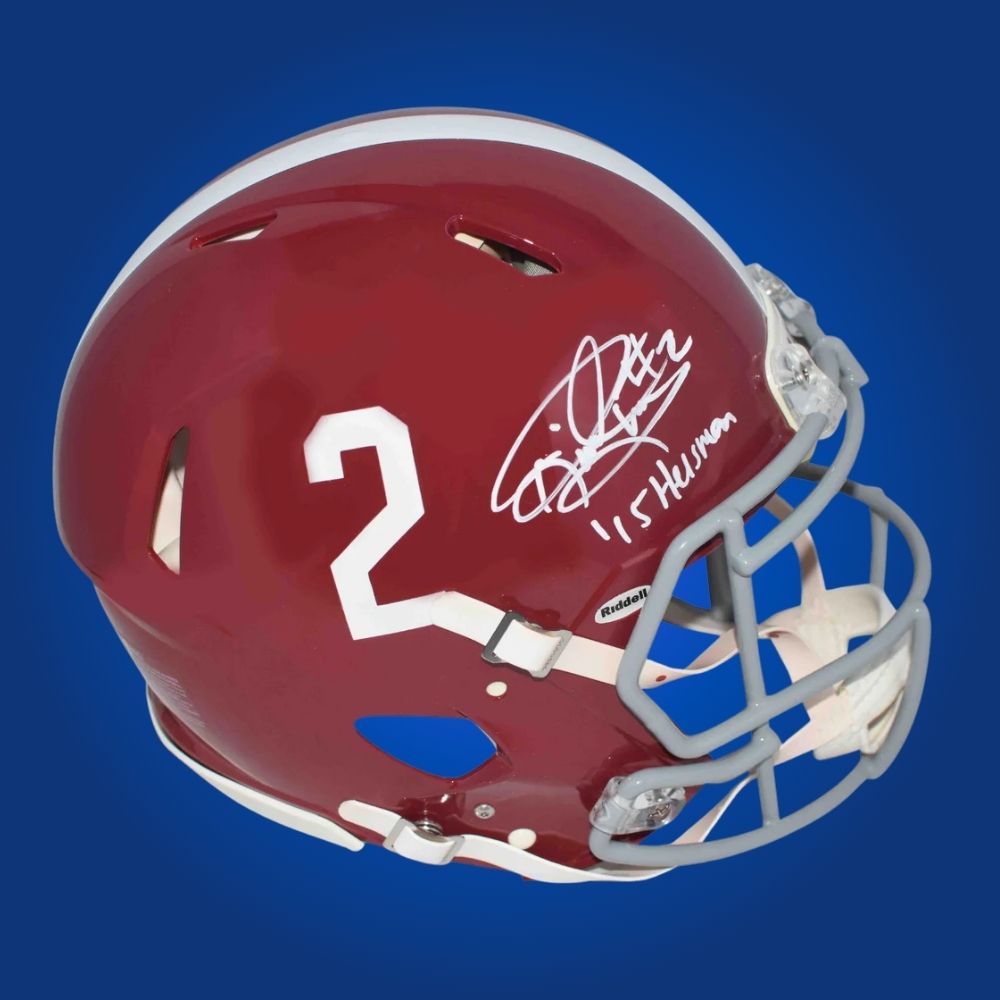 Autographed Alabama Crimson Tide full size Authentic Helmet signed by Derrick Henry, set against a white background for clarity. SportsMarkets product photo.