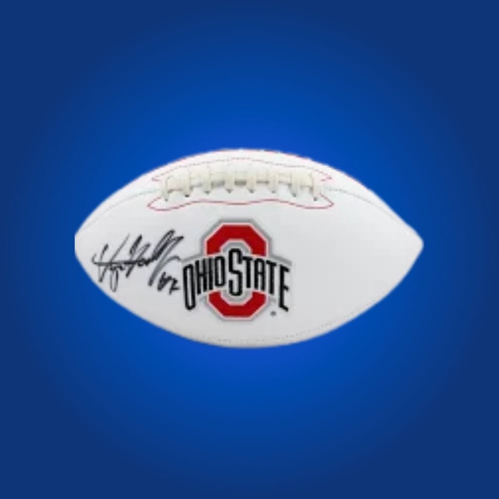 Dwayne Haskins autographed Ohio State Buckeyes white logo football, memorable collectible for Buckeyes fans and memorabilia enthusiasts.