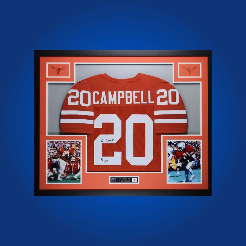 Earl Campbell Signed Full Framed Custom Texas Longhorns Jersey – autographed memorabilia, legendary running back collectible, centerpiece for Texas fans.
