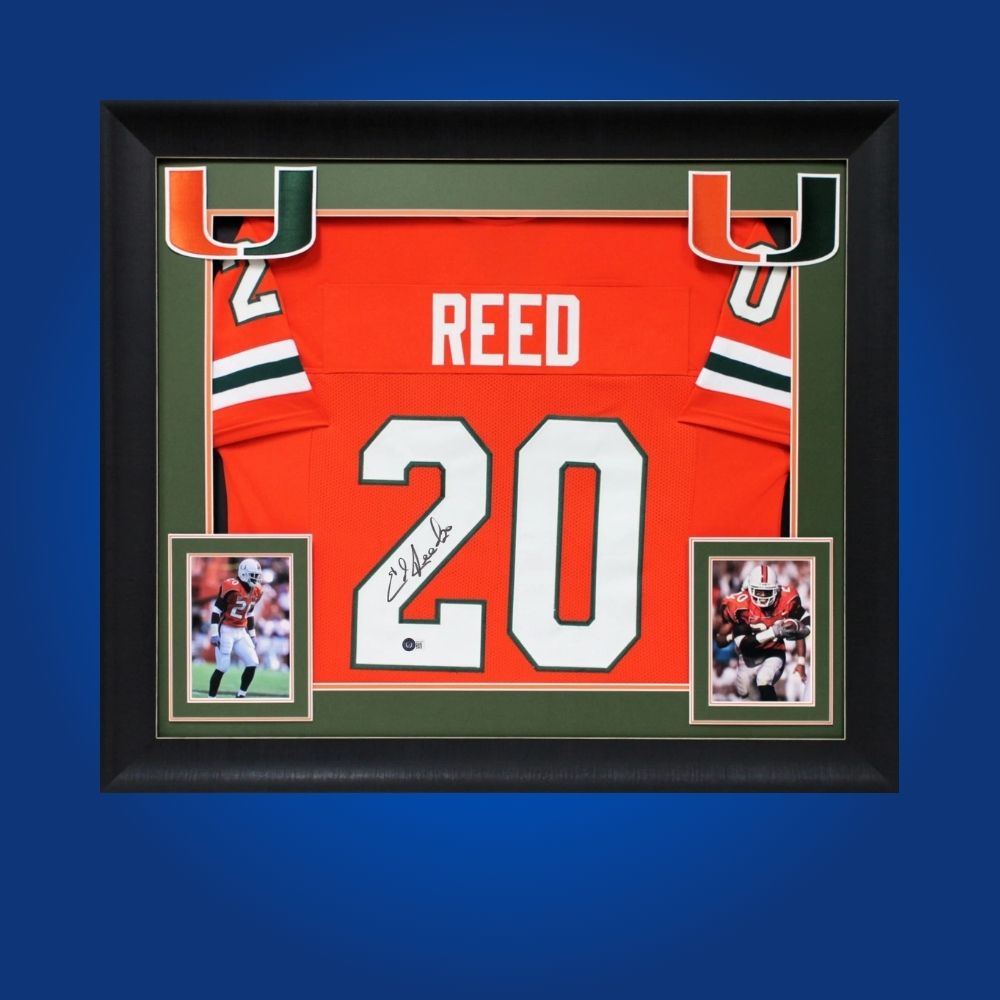Ed Reed Signed Full Framed Custom Miami Hurricanes Jersey – autographed memorabilia, Hall of Fame safety collectible, essential for devoted Hurricanes fans.