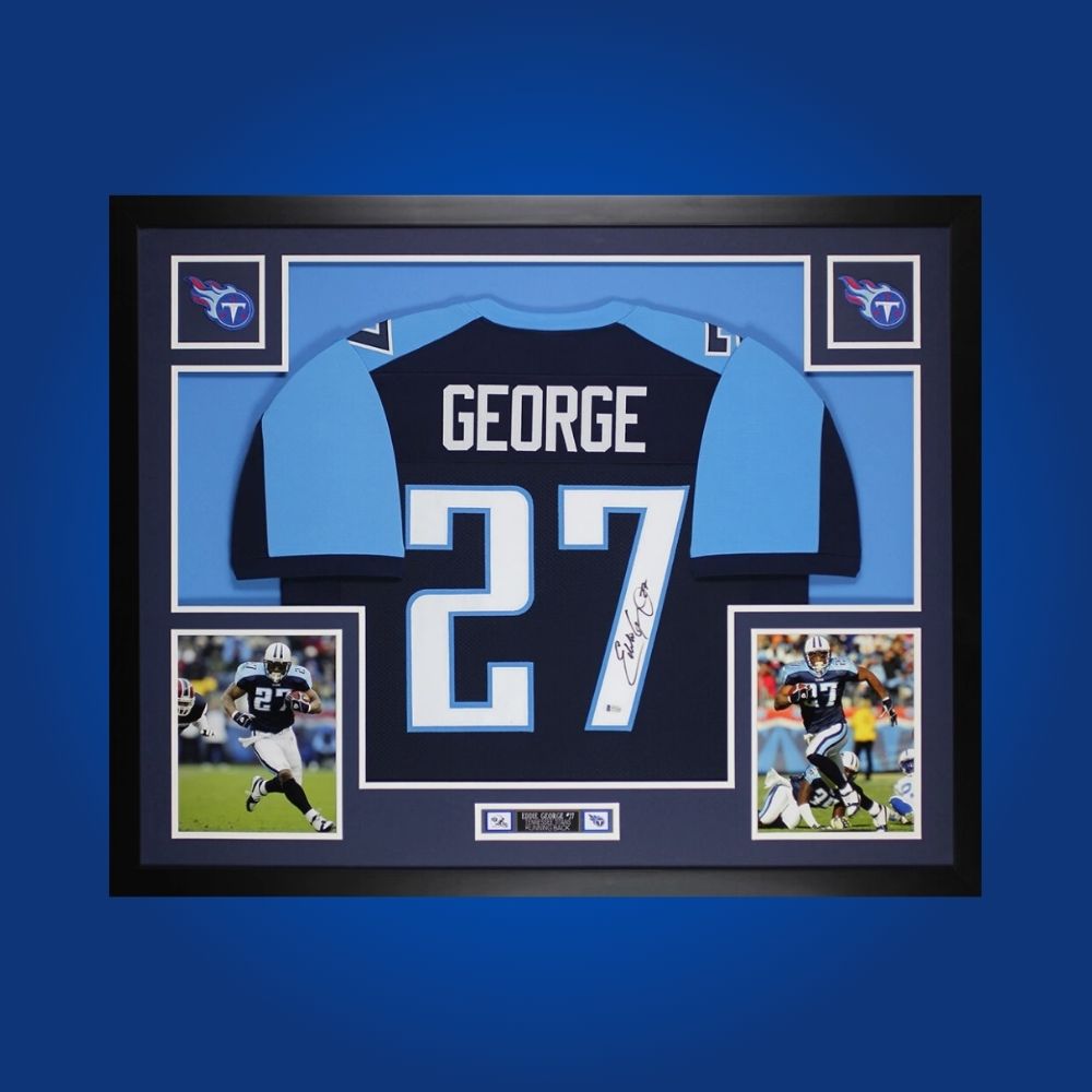 Framed Tennessee Titans custom jersey signed by Eddie George with Certificate of Authenticity.