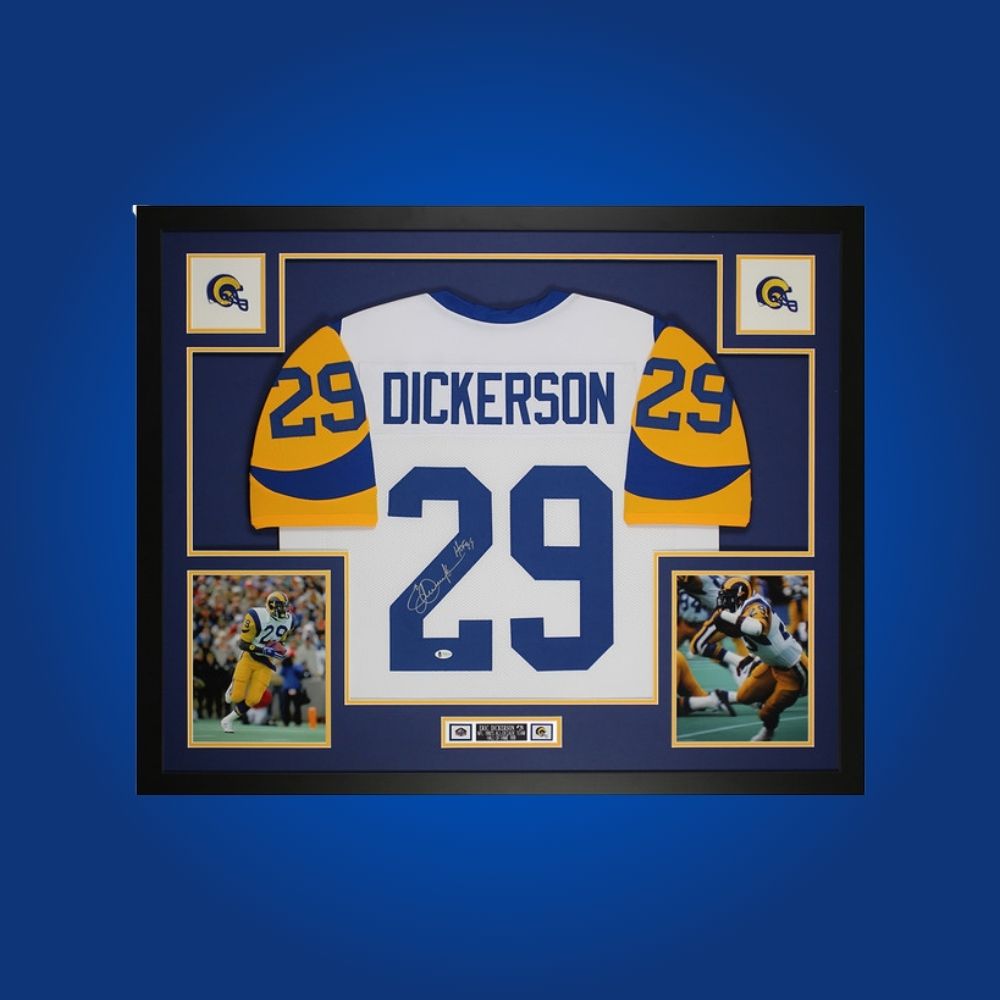 Autographed Los Angeles Rams custom jersey by Eric Dickerson with Certificate of Authenticity.