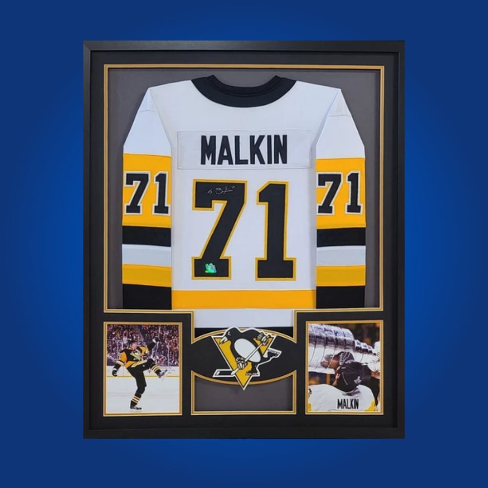 Evgeni Malkin’s full framed Pittsburgh Penguins yellow jersey, autographed, is a premier collectible for fans, honoring his integral role in the team’s championship successes.