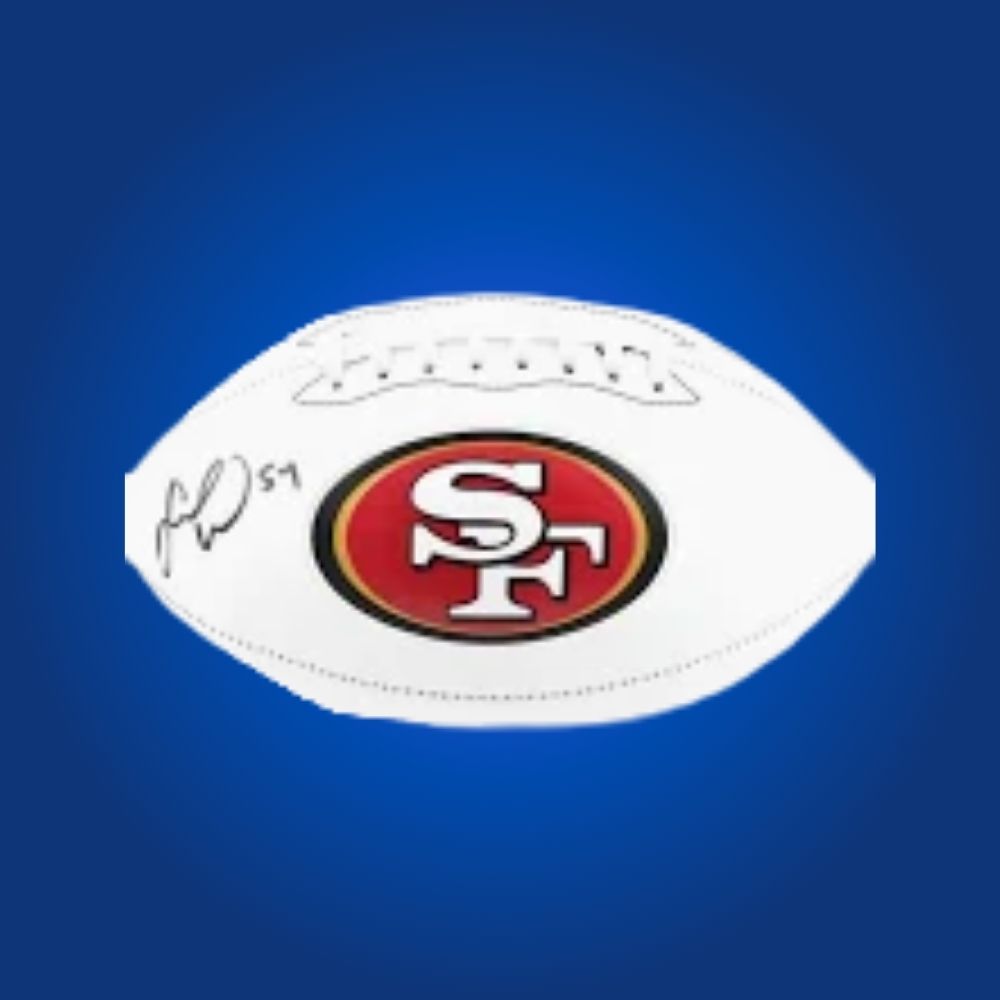 Fred Warner signed San Francisco 49ers logo football, signature and team emblem on display.