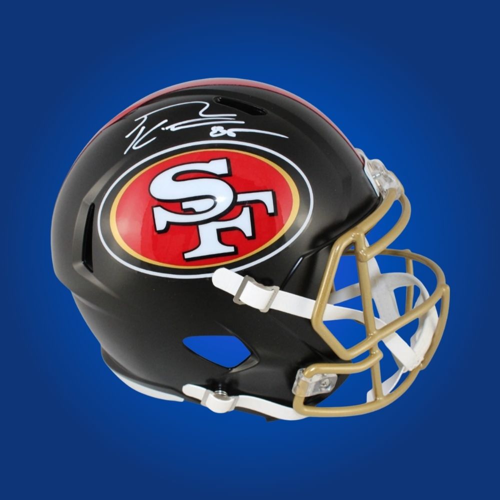 George Kittle hand-signed black matte replica San Francisco 49ers helmet, showcasing signature and official team graphics. A unique collectible for 49ers fans and Kittle memorabilia collectors. Includes Certificate of Authenticity. Images may differ for catalog uniformity.
