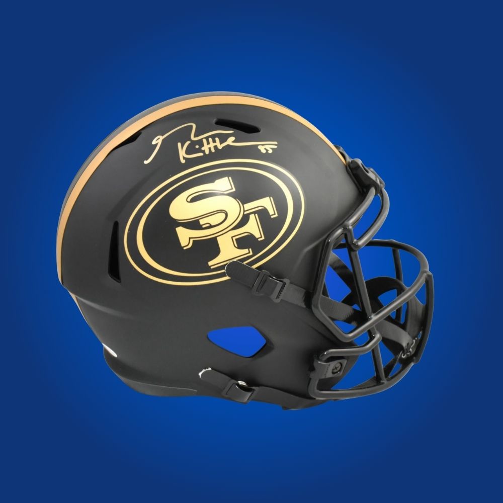 George Kittle hand-signed blackout replica San Francisco 49ers helmet, showcasing signature and official team graphics. A unique collectible for 49ers fans and Kittle memorabilia collectors. Includes Certificate of Authenticity. Images may differ for catalog uniformity.