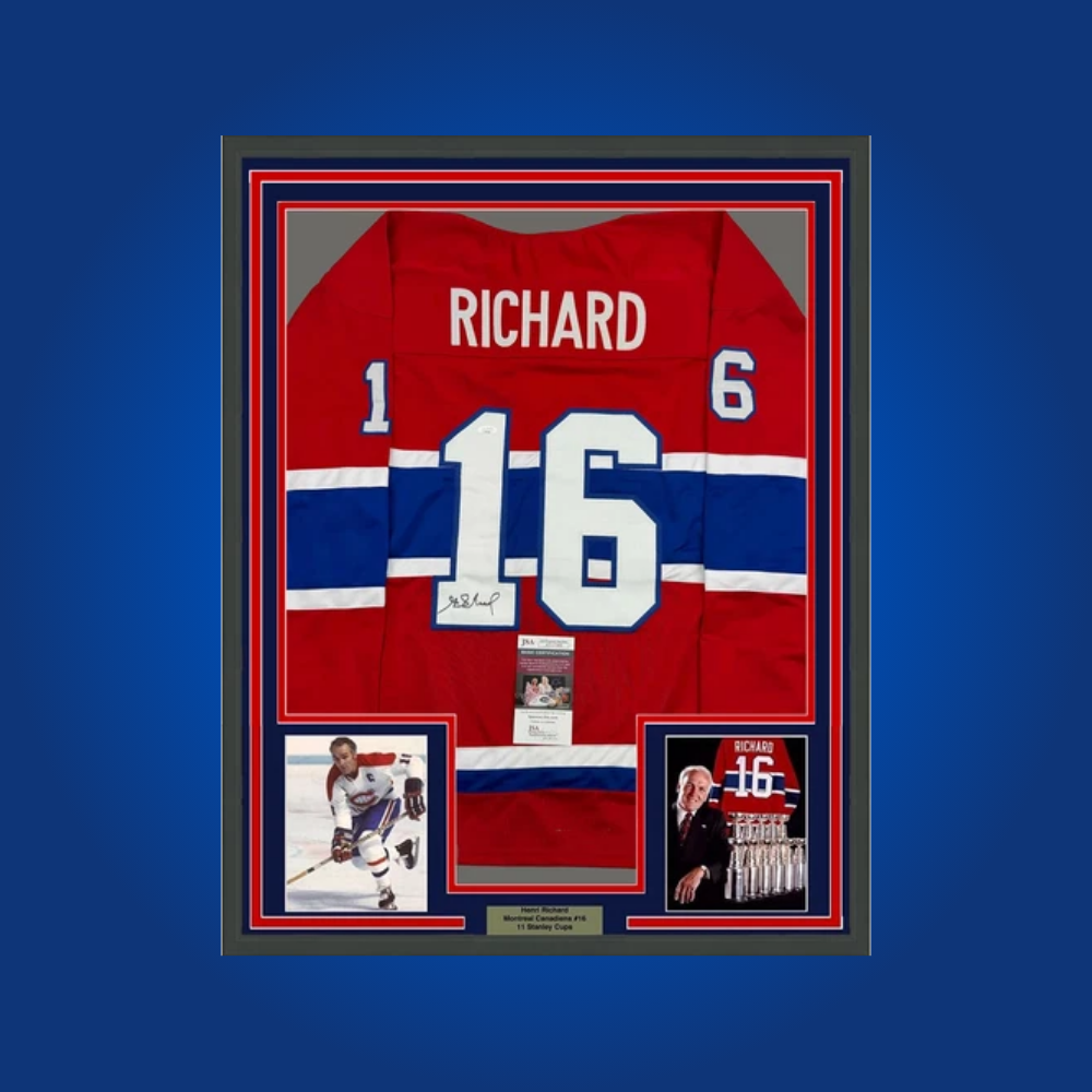 Henri Richard’s autographed full framed Montreal Canadiens red jersey celebrates the “Pocket Rocket’s” championship pedigree and is a prized piece for fans of hockey’s most decorated dynasty.