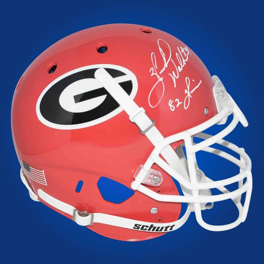 Autographed Georgia Bulldogs full size Authentic Helmet signed by Herschel Walker, displayed on a white background. SportsMarkets product image.
