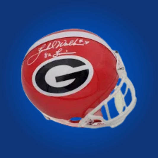 Autographed Georgia Bulldogs full size replica helmet signed by Herschel Walker, displayed on a white background. SportsMarkets product image.