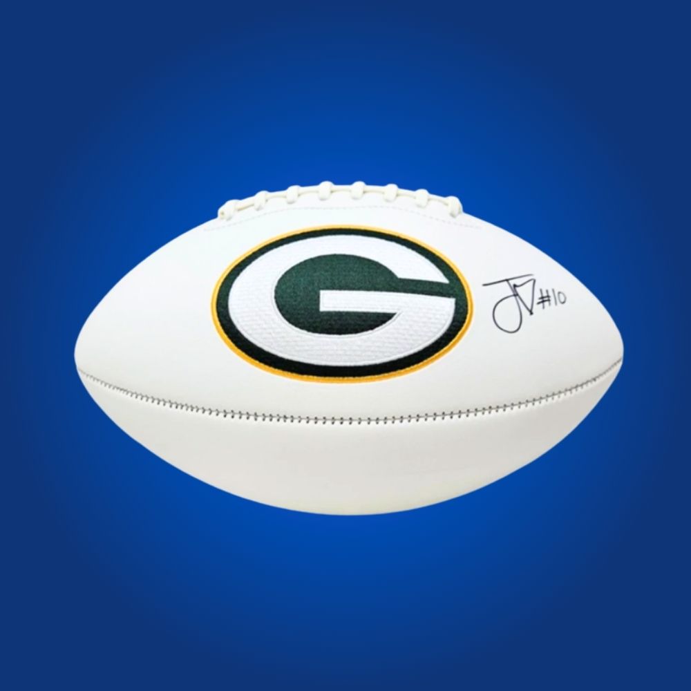 Jordan Love signed Green Bay Packers embroidered NFL football with white panels and logo, includes Certificate of Authenticity
