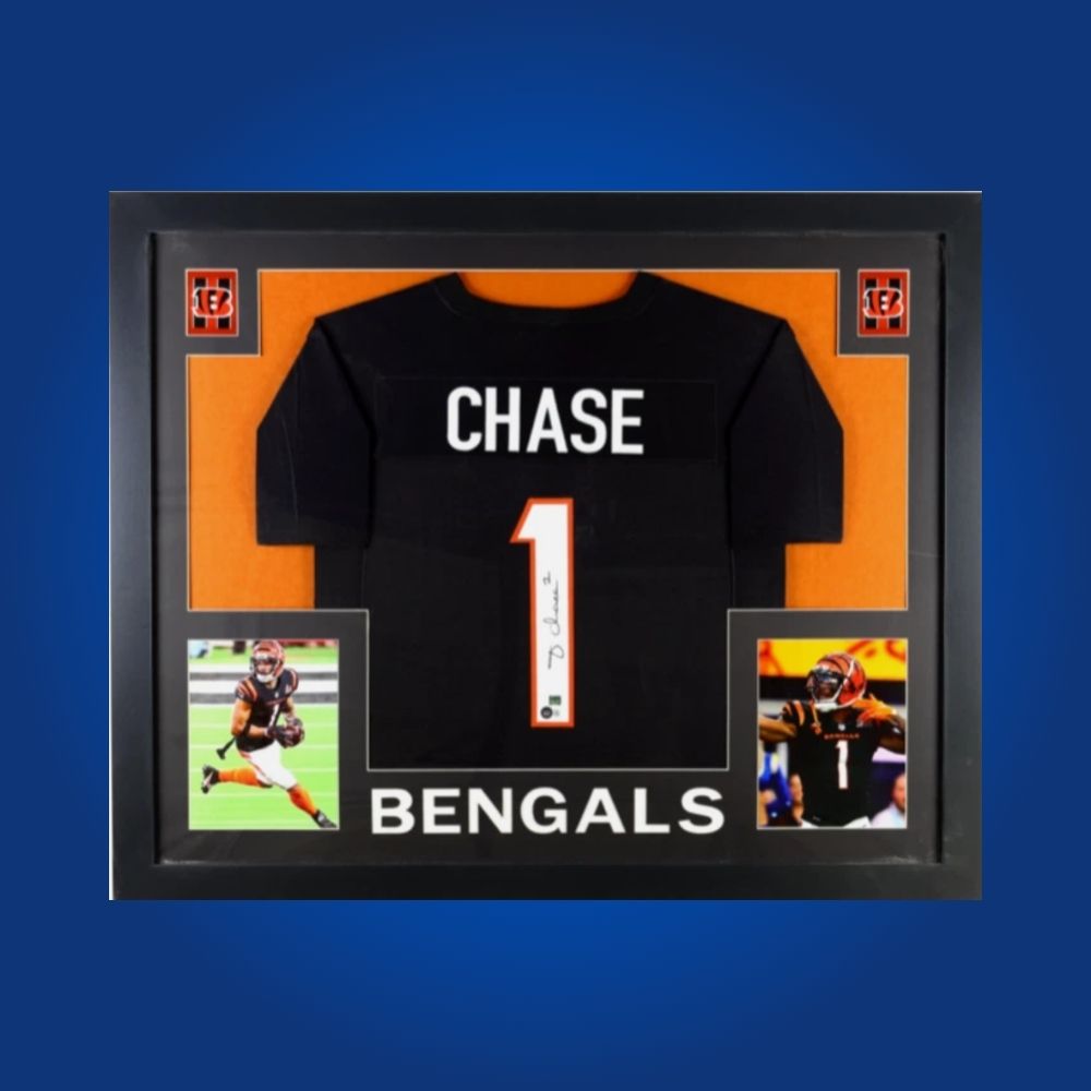 Framed Cincinnati Bengals custom jersey signed by Ja'Marr Chase with Certificate of Authenticity.
